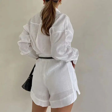 Women’s Summer 2-Piece Set – Long Sleeve Blouse & Shorts for Casual Comfort