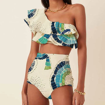 Fashion One Shoulder Slash Breasted Bikini Women's Printed Ruffle Swimsuit