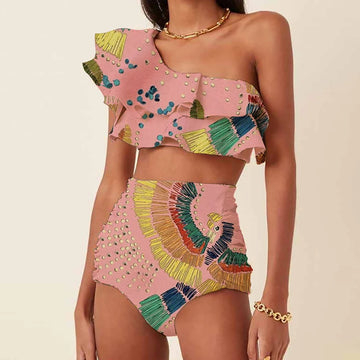 Fashion One Shoulder Slash Breasted Bikini Women's Printed Ruffle Swimsuit