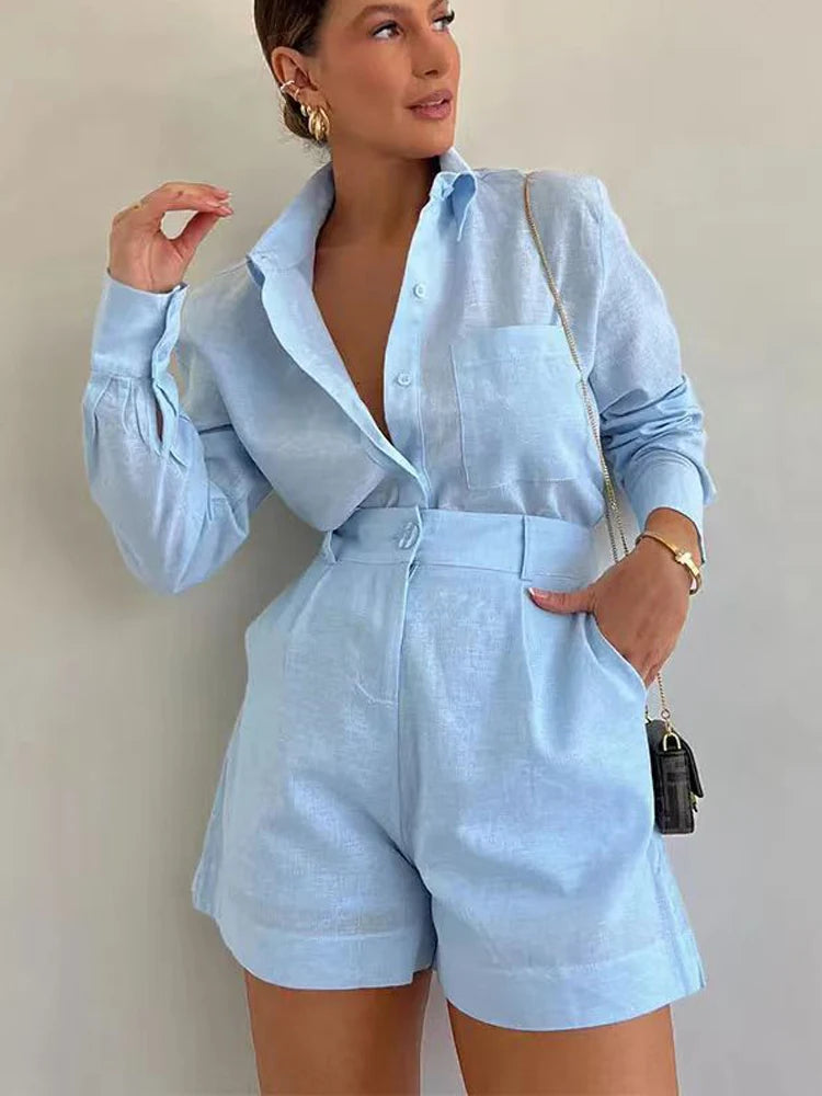 Women’s Summer 2-Piece Set – Long Sleeve Blouse & Shorts for Casual Comfort