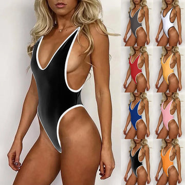 White Border One Piece Swimwear Women Sexy Backless Swimsuit