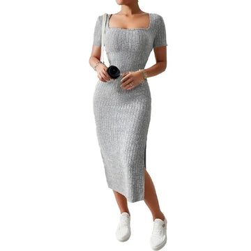 Women’s Summer Square Neck Knitted Dress – Hip-Hugging Slit Midi Dress