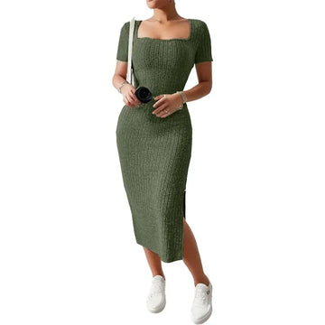 Women’s Summer Square Neck Knitted Dress – Hip-Hugging Slit Midi Dress