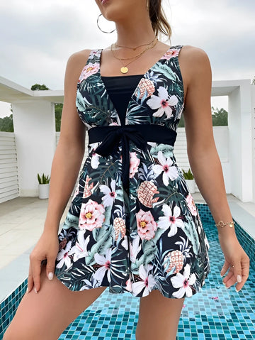 Tropical Print Knot Front One-Piece Swimsuit