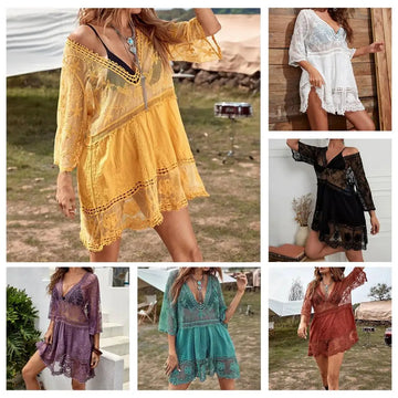 Women's Sexy Beach Cover-Up: V-Neck Tunic Dress & Crochet Bikini Sarong Top